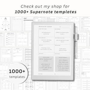 May include: A digital tablet with a stylus, surrounded by various planner templates. The tablet displays notes on "Idea Reflection & Synthesis." Text at the top reads "Check out my shop for 1000+ Supernote templates."