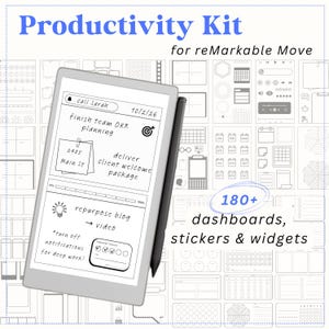 Könnte beinhalten: Digitales Produktivitätspaket für reMarkable Move. Das Bild zeigt ein Tablet mit Stift, das ein Planer-Layout mit handschriftlichen Notizen anzeigt. Der Text enthält "Productivity Kit", "dashboards, stickers & widgets" und Aufgabenlisten.