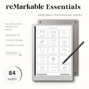 2026 Professional Toolkit voor reMarkable 1,2 en Paper Pro | 84 pagina's | Essentiële opmerkelijke sjablonen voor werk |