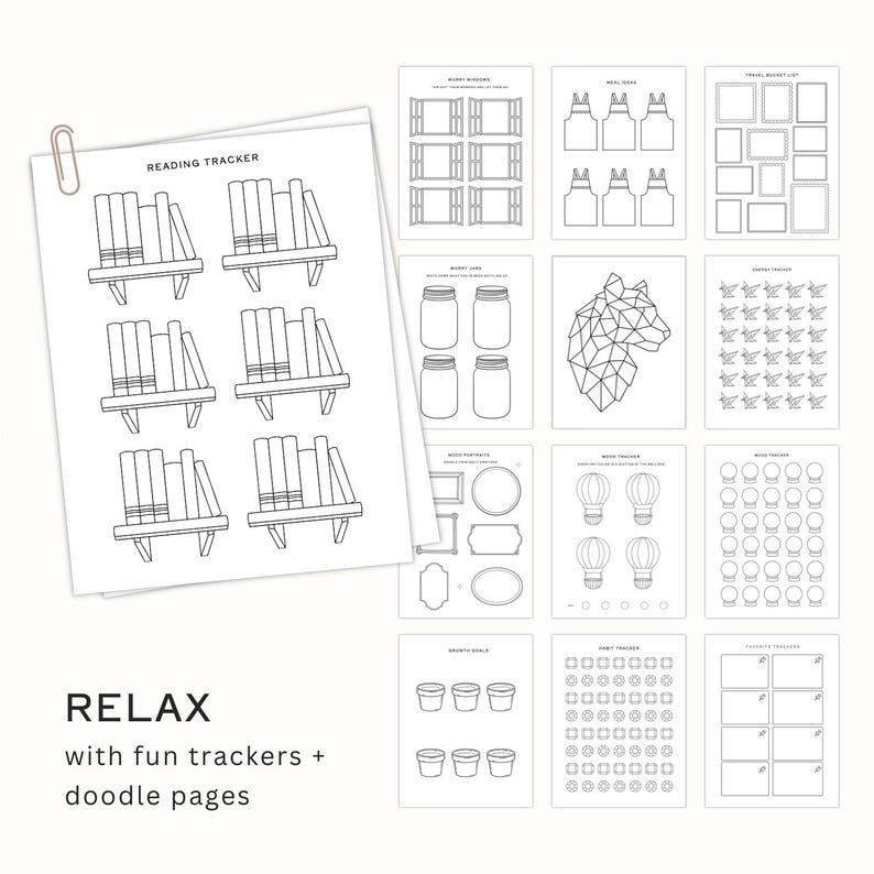 May include: A collection of white paper pages with various black and white tracker designs, including reading trackers, mood trackers, and bucket lists. The words "RELAX" and "with fun trackers + doodle pages" are printed at the bottom.