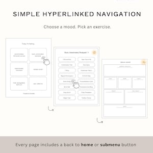 May include: A digital planner interface with the text "SIMPLE HYPERLINKED NAVIGATION." The interface includes options to choose a mood and exercise, with pages for trackers, doodles, and a brain dump. Each page has a back to home or submenu button.