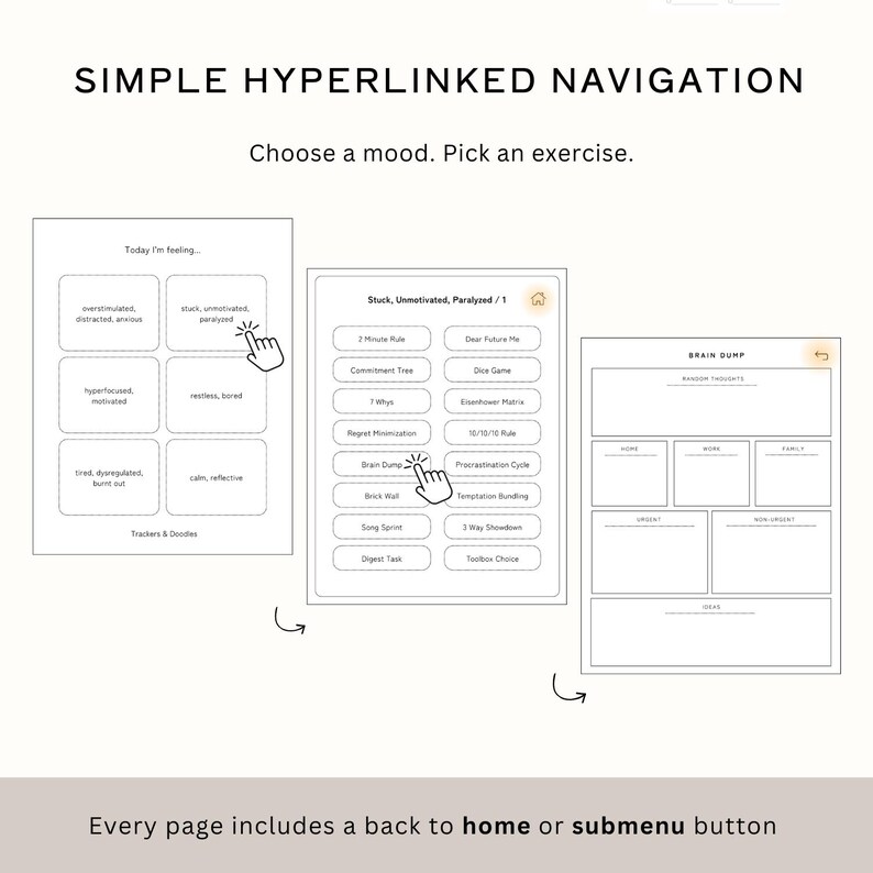 May include: A digital planner interface with the text "SIMPLE HYPERLINKED NAVIGATION." The interface includes options to choose a mood and exercise, with pages for trackers, doodles, and a brain dump. Each page has a back to home or submenu button.