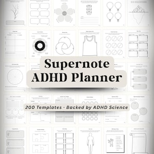 May include: A collection of white planner pages with various templates for organization and self-reflection. The title "Supernote ADHD Planner" is prominently displayed, along with the text "200 Templates • Backed by ADHD Science". The pages feature diagrams and prompts.