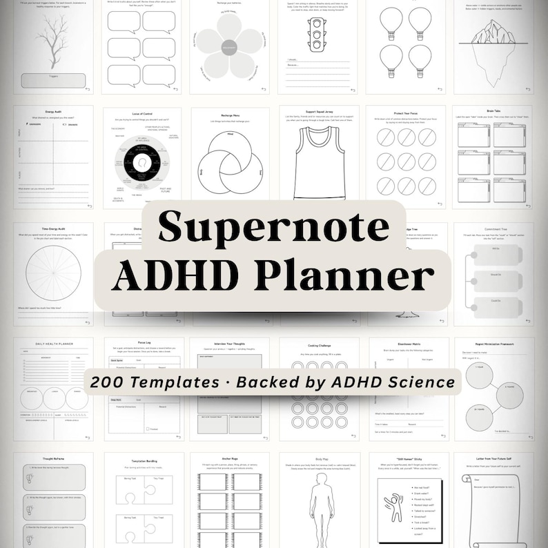 May include: A collection of white planner pages with various templates for organization and self-reflection. The title "Supernote ADHD Planner" is prominently displayed, along with the text "200 Templates &bull; Backed by ADHD Science". The pages feature diagrams and prompts.