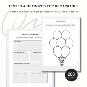 May include: Two digital tablets displaying minimalist designs for the reMarkable Paper Pro. One tablet shows an "Interview Your Thoughts" template, and the other shows a "Balloon Release" exercise. The text "200 PAGES" is visible.