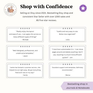 Peut inclure: Image promotionnelle pour une boutique Etsy, avec le texte &laquo;&nbsp;Achetez en toute confiance&nbsp;&raquo; et des t&eacute;moignages de clients. La boutique est un vendeur vedette avec plus de 1200 ventes et 85 avis cinq &eacute;toiles. La boutique vend des journaux et des carnets.
