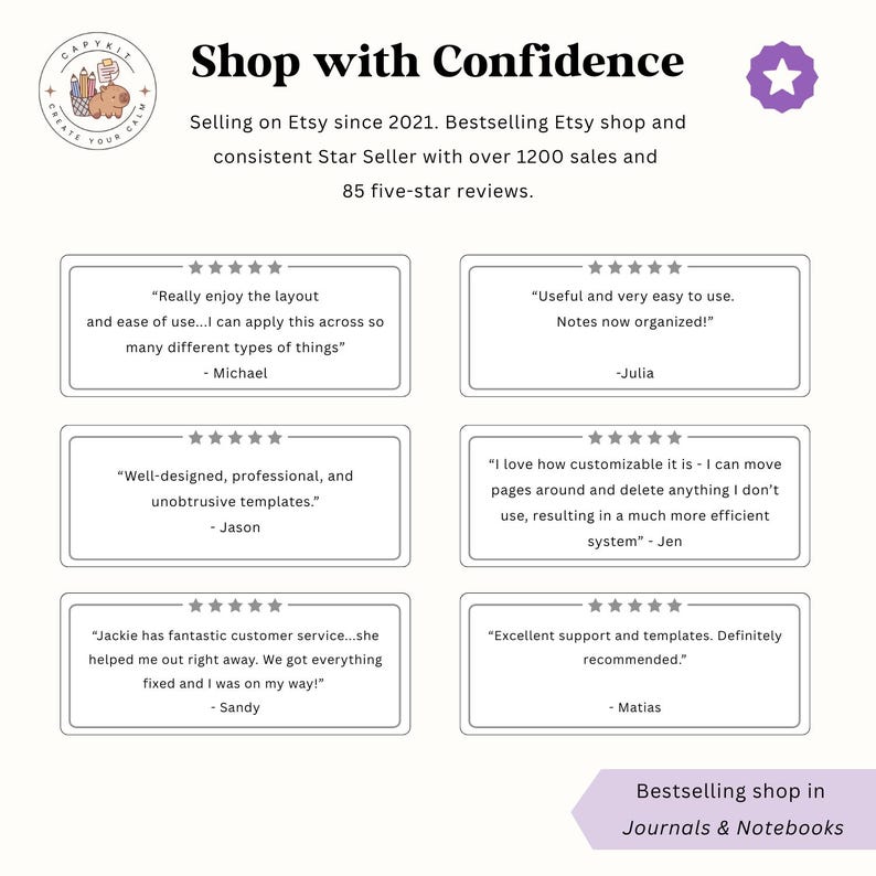 Peut inclure: Image promotionnelle pour une boutique Etsy, avec le texte &laquo;&nbsp;Achetez en toute confiance&nbsp;&raquo; et des t&eacute;moignages de clients. La boutique est un vendeur vedette avec plus de 1200 ventes et 85 avis cinq &eacute;toiles. La boutique vend des journaux et des carnets.