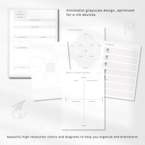 May include: A collection of grayscale charts and diagrams for brainstorming and organization. The image includes an Ikigai diagram, Impact Effort Matrix, and a SCAMPER chart. Text on the image reads "minimalist grayscale design, optimized for e-ink devices."