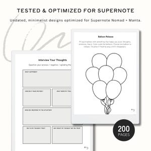 May include: Two digital notebooks with minimalist designs for Supernote. One notebook displays a page titled "Interview Your Thoughts" with prompts. The other shows a "Balloon Release" exercise. The image includes the text "200 PAGES".
