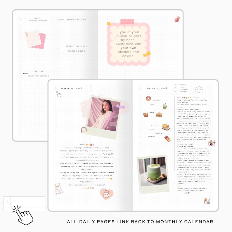 May include: Open notebook with grid paper pages, featuring a pink photo, stickers, and handwritten notes. Text on the page includes "March 16, 2021" and "Type in your journal or write by hand."