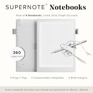 May include: A white Supernote digital notebook with a grid display, held by a hand with a stylus. The image includes the text "SUPERNOTE Notebooks" and details about the notebooks, including "Pack of 6 Notebooks" and "360 pages each."