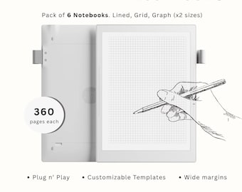 Cuadernos Supernote + 50 cubiertas / 360 páginas / Paquete de 6 / Cuadernos rayados, de cuadrícula, cuadriculados, microcuadriculados y micrográficos para Manta y Nomad 2026