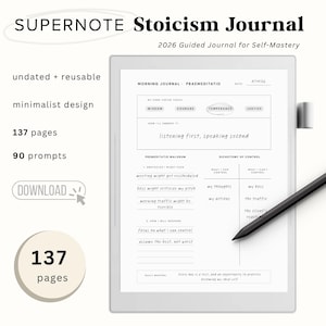 May include: A digital Stoicism journal with a minimalist design, featuring 137 pages and 90 prompts. The journal is undated and reusable, with the text "SUPERNOTE Stoicism Journal" at the top. Includes a digital pen.