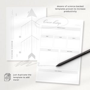 May include: Two white paper templates for productivity. One features a fishbone diagram, the other a "brain dump" layout with sections for random thoughts, home, work, family, and more. A black stylus rests on the "brain dump" template.