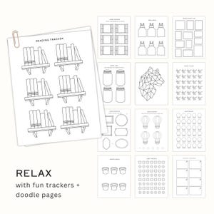 May include: A collection of white paper pages with various black line art designs, including bookshelves, mason jars, and geometric shapes. The text "Reading Tracker" is visible on one page, and the word "RELAX" is at the bottom.