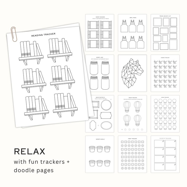 May include: A collection of white paper pages with various black line art designs, including bookshelves, mason jars, and geometric shapes. The text "Reading Tracker" is visible on one page, and the word "RELAX" is at the bottom.