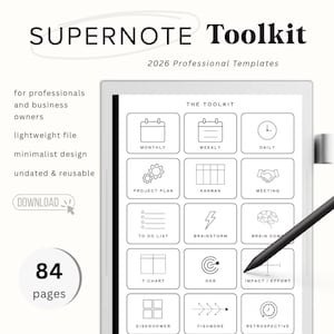 May include: A digital planner titled "SUPERNOTE Toolkit" with 2026 professional templates. The image shows a tablet with various planning icons, including monthly, weekly, and daily schedules. The planner is described as lightweight, minimalist, undated, and reusable, with 84 pages.