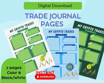 7x Trading Journal Pages for Cryptocurrency - Digital Download - Color and Black & White - Crypto Trades