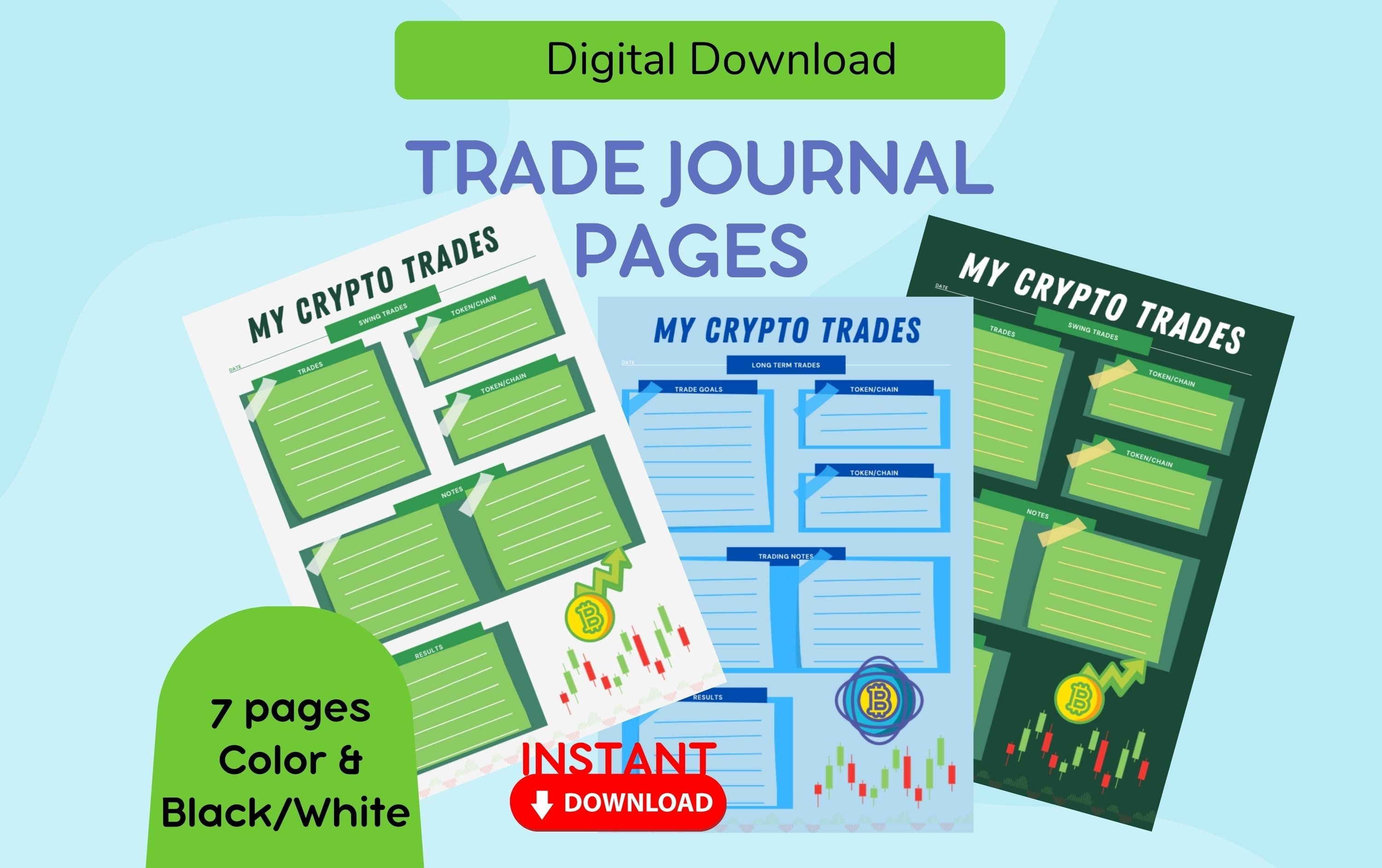 7x Trading Journal Pages for Cryptocurrency - Digital Download - Color and  Black & White - Crypto Trades