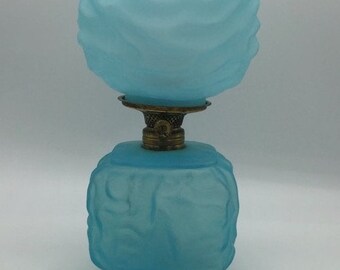 Antique Miniature Oil Lamp. Light Blue Satin Glass. Drape pattern. Fig. 231