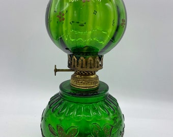 Antique Miniature Oil Lamp. Green Glass. Embossed ribs.  Embossed flowers.