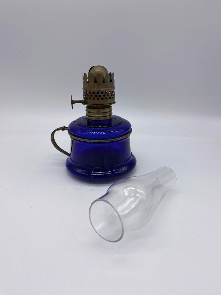 Antique nutmeg Oil Lamp in Cobalt Blue. Small Finger Lamp. Etsy