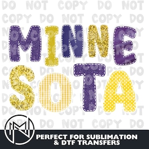 K&ouml;nnte beinhalten: Das Wort "MINNESOTA" in einem verspielten Patchwork-Stil. Die Buchstaben haben verschiedene Texturen, darunter Pailletten, Vichy-Karo und Punkte, mit einer gen&auml;hten Kontur. Perfekt f&uuml;r Sublimation und DTF-Transfers.