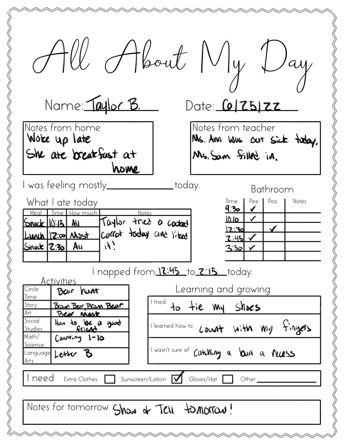 Preschool daycare daily report all about my day printable etsy