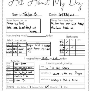 Preschool/daycare Daily Report All About My Day Printable - Etsy
