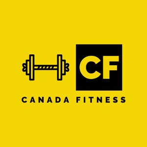 May include: A yellow background with the text "CANADA FITNESS" in black. A black dumbbell icon is on the left, and a black square with the letters "CF" in yellow is on the right. The logo is for a fitness brand.