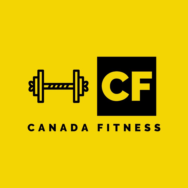 May include: A yellow background with the text "CANADA FITNESS" in black. A black dumbbell icon is on the left, and a black square with the letters "CF" in yellow is on the right. The logo is for a fitness brand.