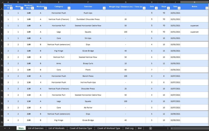 Main sheet used to track every workout. You can see how many times per week you are training. It allows you to track the exercise type, exercise name, weight, distance, time, sets, reps, dates, notes.