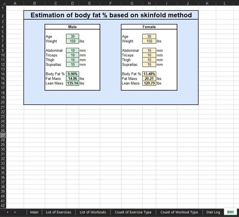 BMI calculator, enter your age and weight, make 4 measurements following the skinfold method, and find out your body fat %, fat mass and lean mass.