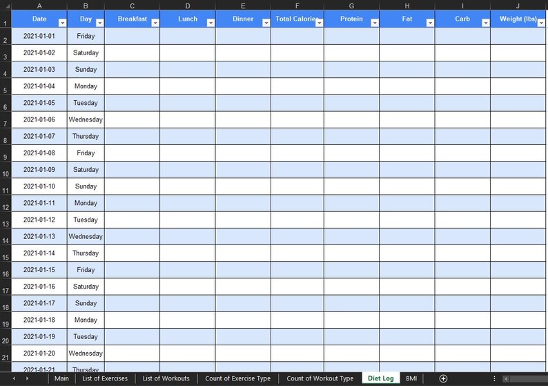 Worksheet to keep track of diet, calories, proteins, fats, carbs, and your weight.