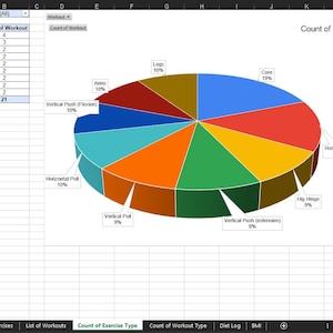 3D pie chart that illustrates the number of times an exercise was done for a specific category such as the targeted muscle or movement category.