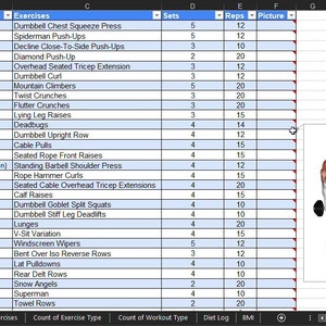 May include: A spreadsheet detailing various workout exercises, categorized by body parts and exercise type. Includes sets and reps. Accompanying illustrations show dumbbell exercises, focusing on shoulder and arm muscle groups.