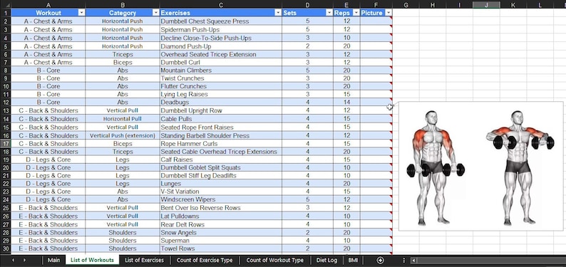 May include: A spreadsheet detailing various workout exercises, categorized by body parts and exercise type. Includes sets and reps. Accompanying illustrations show dumbbell exercises, focusing on shoulder and arm muscle groups.