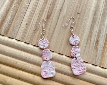 Handmade polymer clay earrings pink and white, lace look earrings, dangle earrings, nickel free ear wires