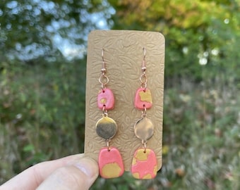 Handmade coral and gold color polymer clay earrings. abstract earrings, rose gold color ear wires, summer colors