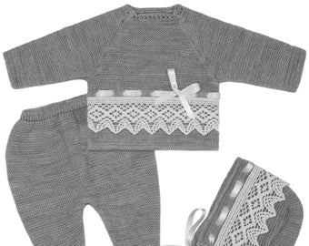 Knitted Clothes for Newborns, Boys/Girls Spanish Set, Knit Baby Outfit for Coming Home, Christening, Baptism, and Shower Gift. (Gray) 1136