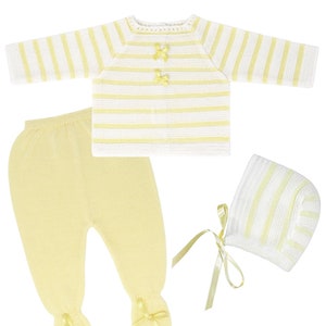 Newborn Baby Knitted Clothes, Newborn Coming Home Outfits, Spanish Baby Knit Set, Christening, Baptism, and Shower Gift. (Yellow) 6210