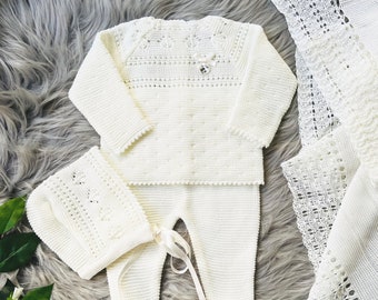 Knitted Clothes for Newborns, Boys/Girls Spanish Set, Knit Baby Outfit for Coming Home, Christening, Baptism, and Shower Gift(Off-whit) 7205