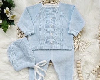 Knitted Clothes for Newborns, Boys Spanish Set, Knit Baby Boy Outfit for Coming Home, Christening, Baptism, and Shower Gift (Blue) 8344