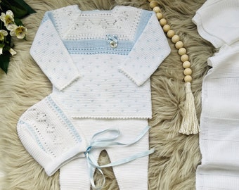 Knitted Clothes for Newborns, Boys Spanish Set, Knit Baby Boy Outfit for Coming Home, Christening, Baptism, and Shower Gift. (Whit/Bl) 7205