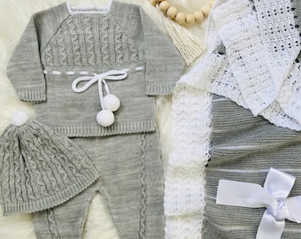 Knitted Clothes for Newborns, Boys/Girls Spanish Set, Knit Baby Outfit for Coming Home, Christening, Baptism, and Shower Gift. (Grey) 7221