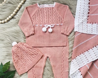 Knitted Clothes for Newborns, Girls Spanish Set, Knit Baby Girl Outfit for Coming Home, Christening, Baptism, and Shower Gift. (Rose) 7221