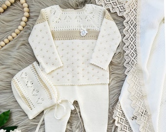 Newborn Knitted Beige Outfit, Baby Spanish Style Clothes, Three Piece Set with Bonnet, (7205 Beige)
