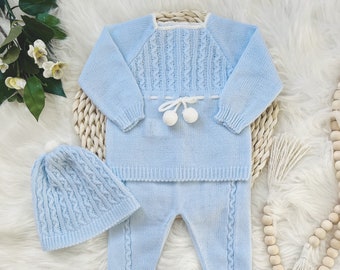 Knitted Clothes for Newborns, Boys Spanish Set, Knit Baby Boy Outfit for Coming Home, Christening, Baptism, and Shower Gift.  (Blue) 7221