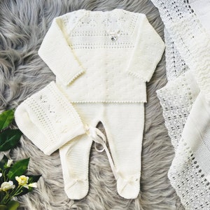 Newborn Baby Knitted Clothes, Newborn Coming Home Outfits, Spanish Baby Knit Set, Christening, Baptism, and Shower Gift. (Off-white) 7205