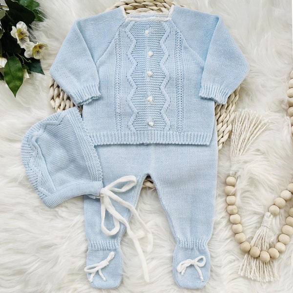 Knitted Clothes for Newborns, Boys Spanish Set, Knit Baby Boy Outfit for Coming Home, Christening, Baptism, and Shower Gift (Blue) 8344